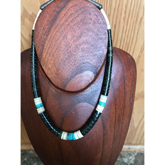 Vtg Heishi Necklace Shell Disc & Turquoise Beads With Various Other Gemstones - Picture 2 of 9